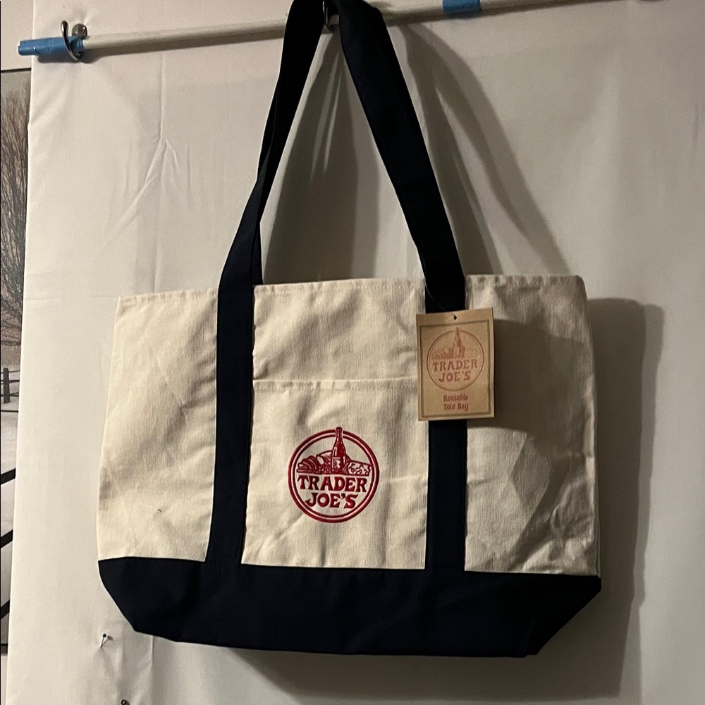Trader Joe's Canvas Tote Bag in Natural and Navy Blue with Red Logo